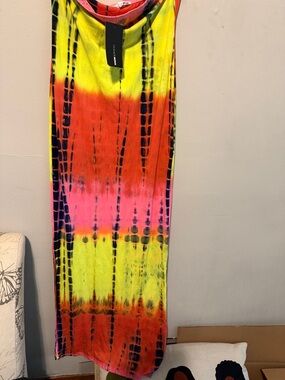 Fashion Nova Neon Tie-Dye Maxi Dress in Yellow, Pink & Orange